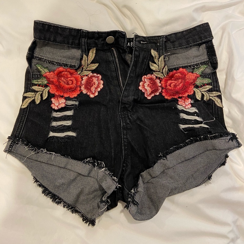 Rehab black denim shorts with flower patches